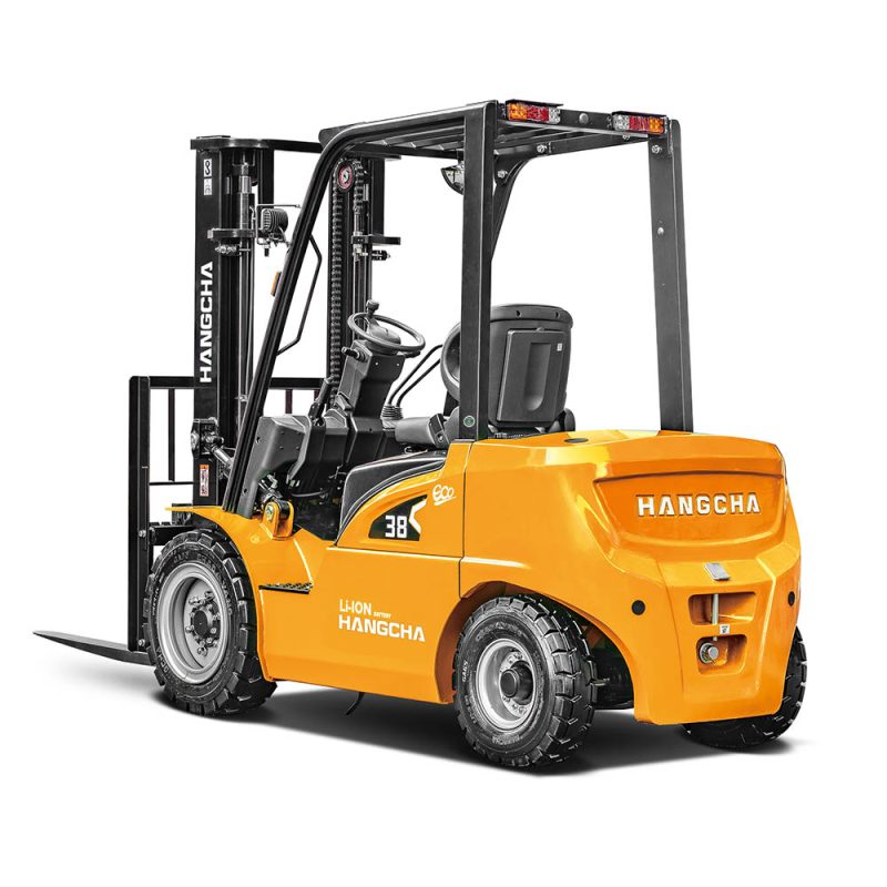 Rear left angle view of Hangcha 1.5–3.8t XE Series Electric Forklift Truck with lithium-ion battery