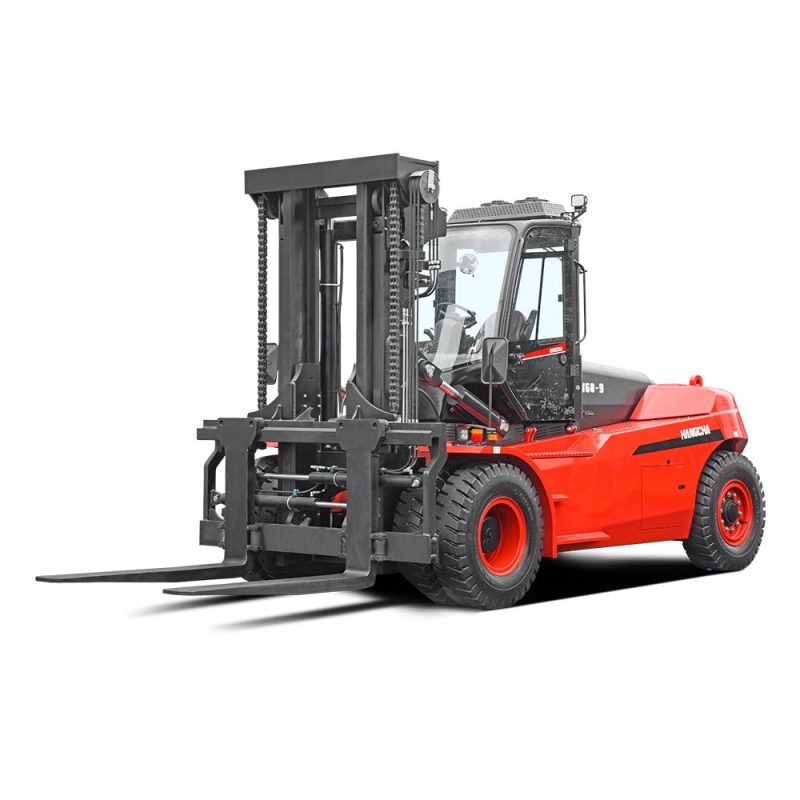 Front-right angle view of the Hangcha 14-18T forklift showcasing cabin and tires