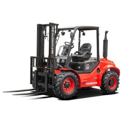 Front left angle view of the AE Series 1.5-1.8t 4-wheel rough terrain electric forklift by Hangcha.