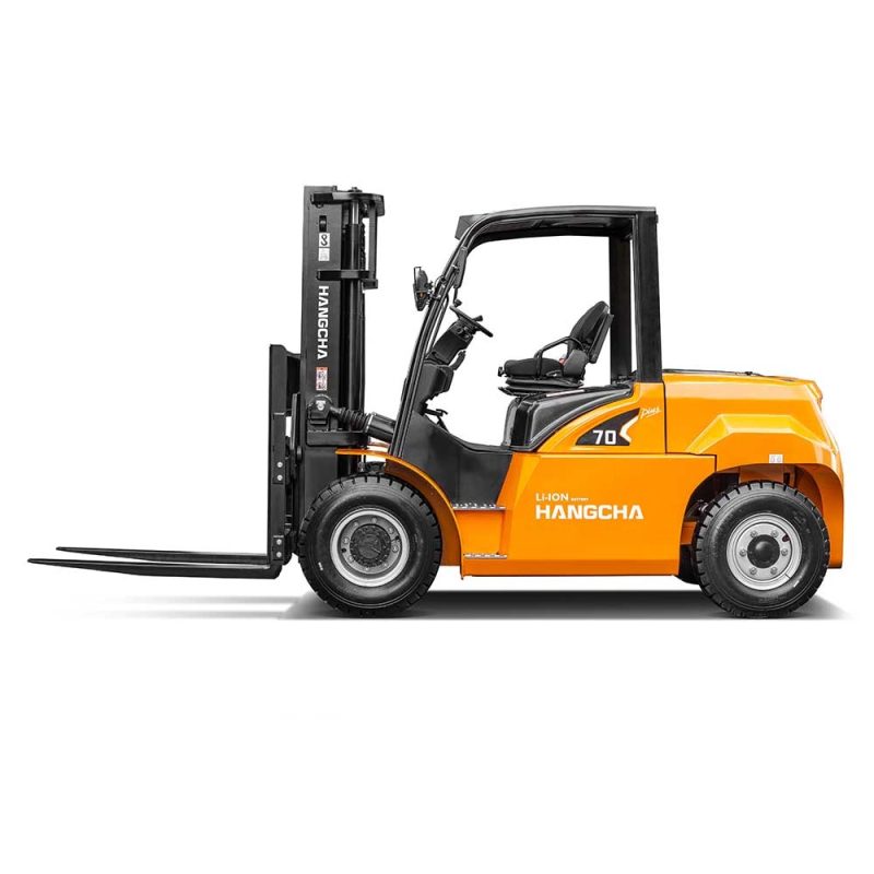 Full side profile of Hangcha XH series 7.0t lithium battery forklift with forks lowered