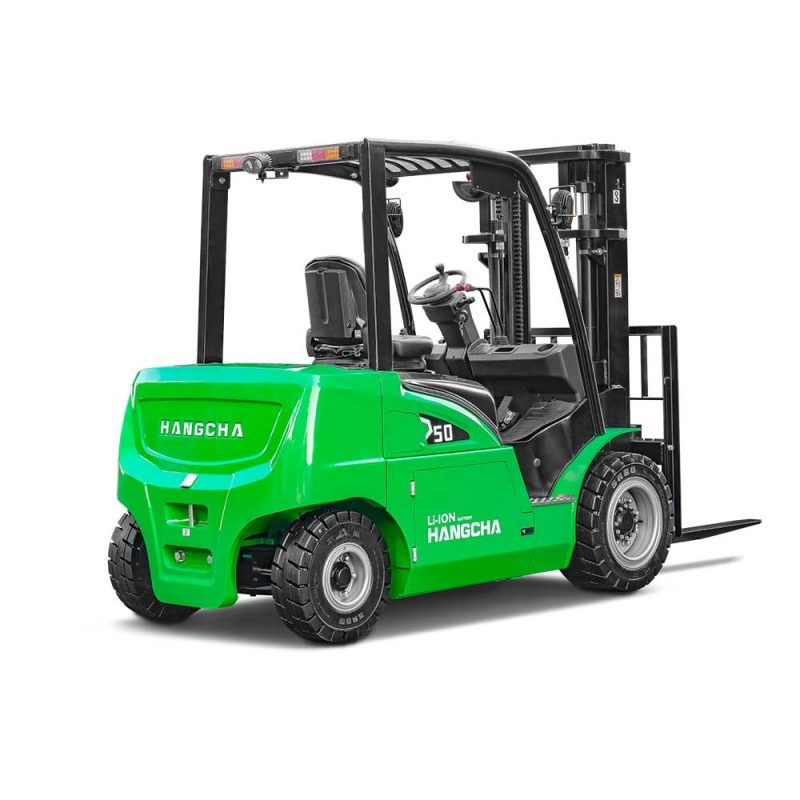 Rear and side angle view of the green 4.0~5.0t XC series electric forklift with Li-Ion technology.